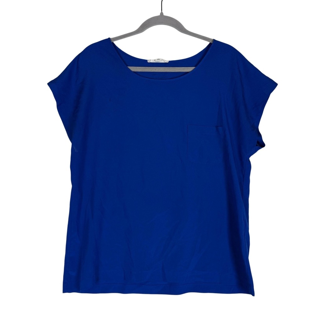 Forever 21 Blouse Womens Medium Blue Boat Neck Dolman Short Sleeve Pocket Top
